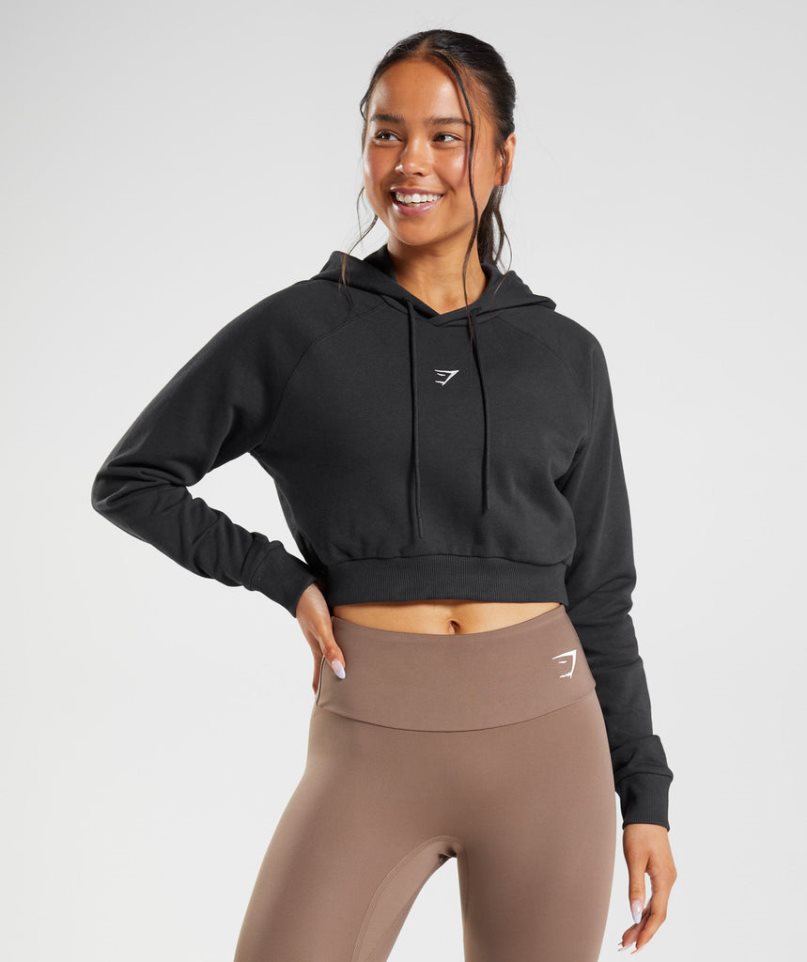 Bluzy Z Kapturem Gymshark Treningowe Cropped Damskie Czarne | PL 856AQI